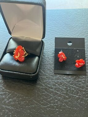 14K Gold/Red Coral Hibiscus Ring and Earring set.